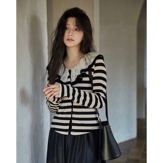 Leve Concept - Áo Cardigan len kẻ cổ bèo voan