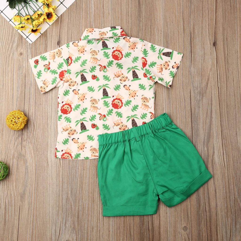 Set áo sơ mi tay ngắn họa tiết sư tử và quần short thời trang nam tính cho bé trai