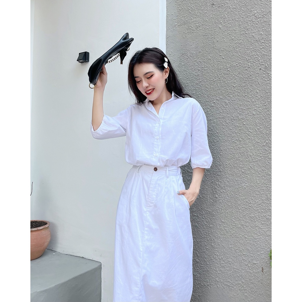 Chân váy kaki dài lưng thun midi hai màu trắng đỏ Lady MIRABOZZI MSKF007 SP08