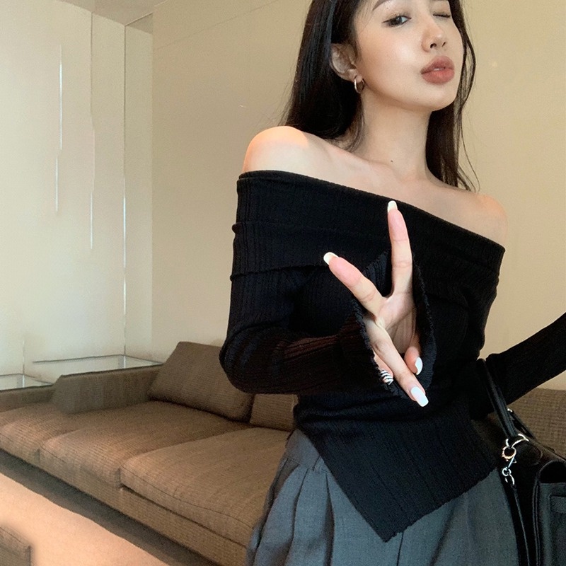 Áo Thun Dệt Kim Trễ Vai Xẻ Tà Dáng Ôm Thời Trang Cho Nữ