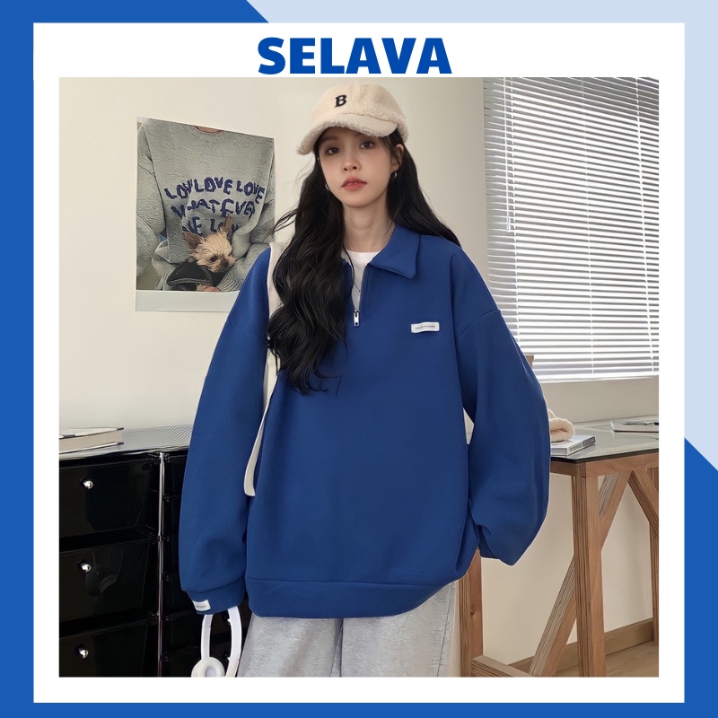 Áo Sweater Zip Nỉ Ngoại Dáng Rộng Màu Xanh Có Logo Unisex, Áo Thun Nam Nữ From Rộng Dáng Thụng Cổ Cao