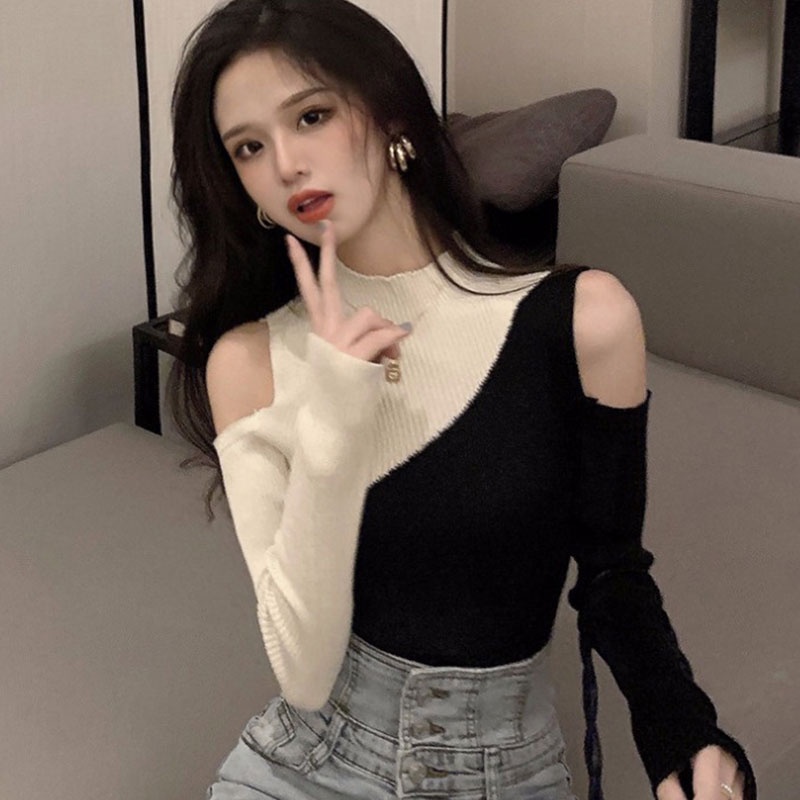 Áo Dệt Kim Tay Dài Hở Vai Dáng Ôm Gợi Cảm Thời Trang Hàn Quốc Dành Cho Bạn Nữ