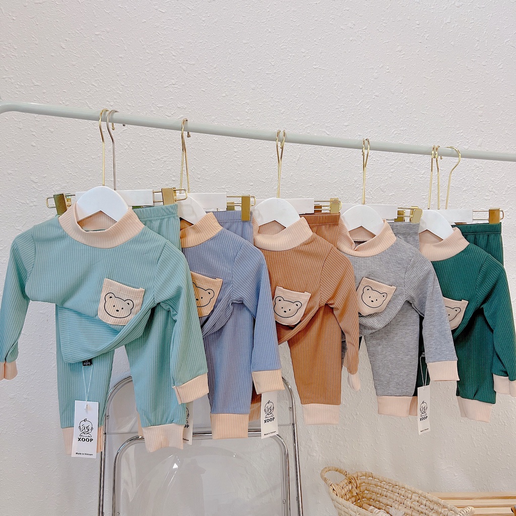 Bộ dài tay gân tăm - Bộ dài tay xoop cổ 3 phân có túi gấu cho bé ( cân nặng từ 8-19kg) BD30