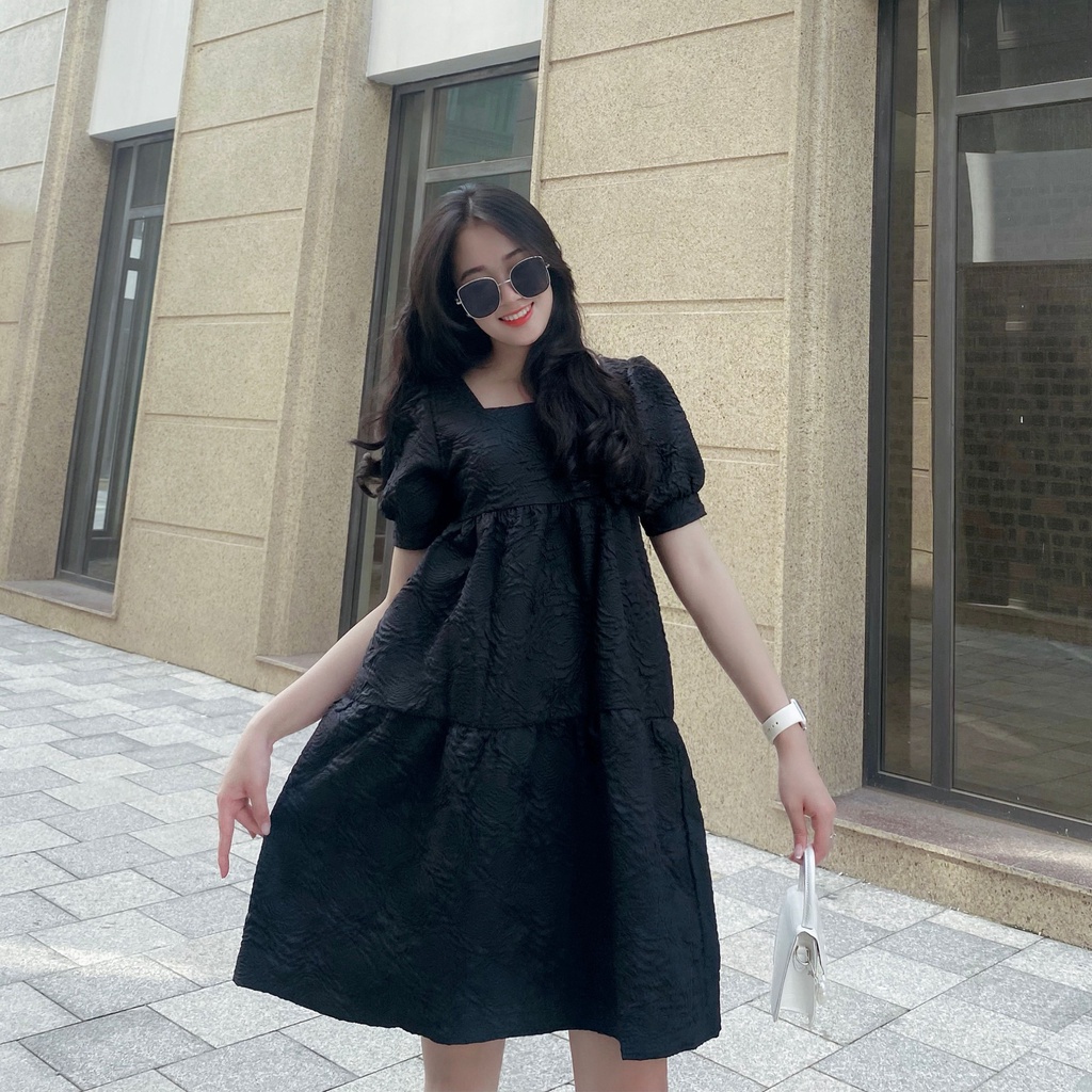 Đầm babydoll nữ dáng dài, váy bầu xòe ulzzang cổ vuông vải gấm xốp quảng châu 2 lớp màu trắng và xanh