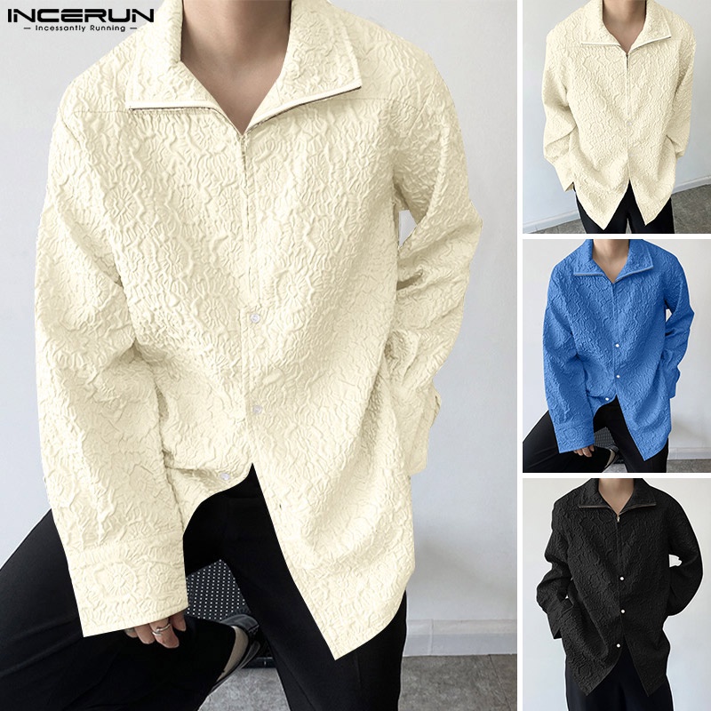 Áo sơ mi INCERUN tay dài màu trơn có khóa kéo dập nổi họa tiết phong cách hàn quốc cổ điển cho nữ