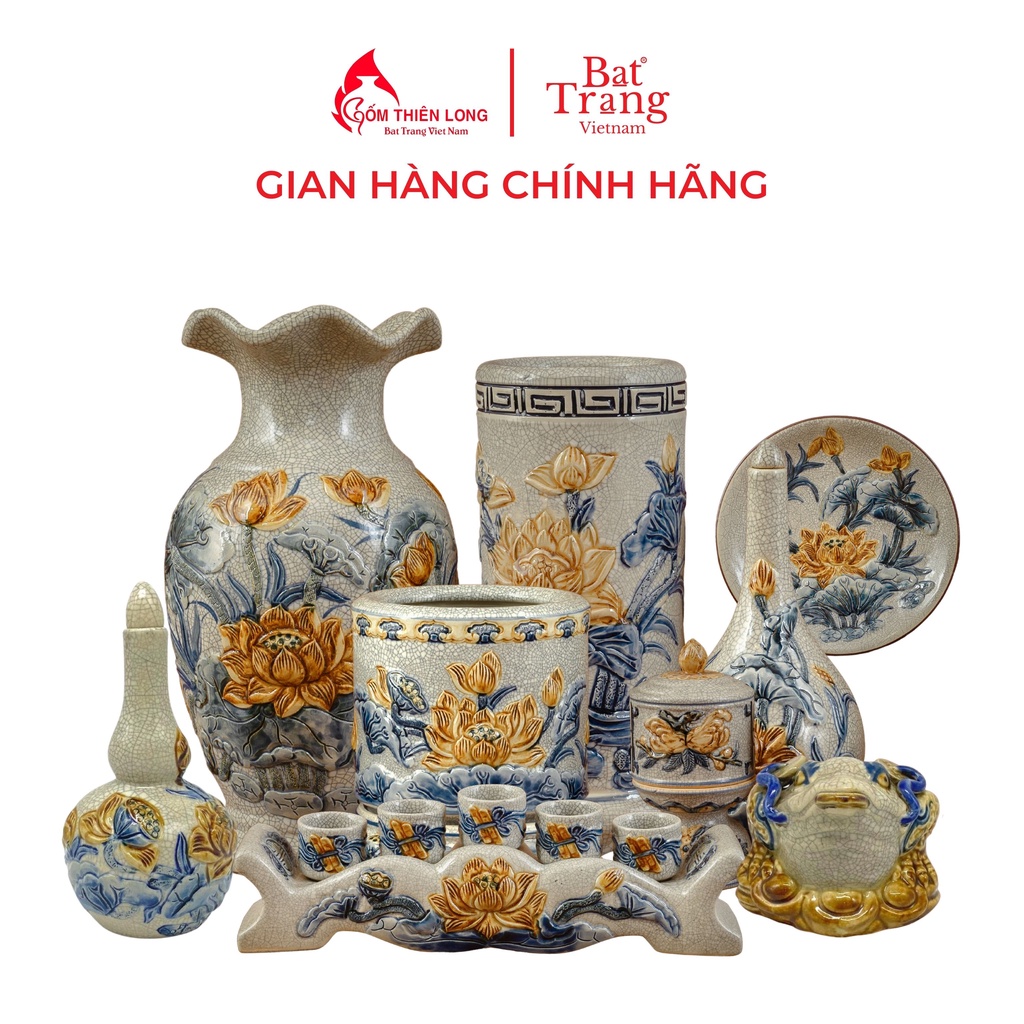 Bộ đồ thờ men rạn đắp nổi hoa sen gốm sứ Bát Tràng chính hãng Gốm Thiên Long 236994