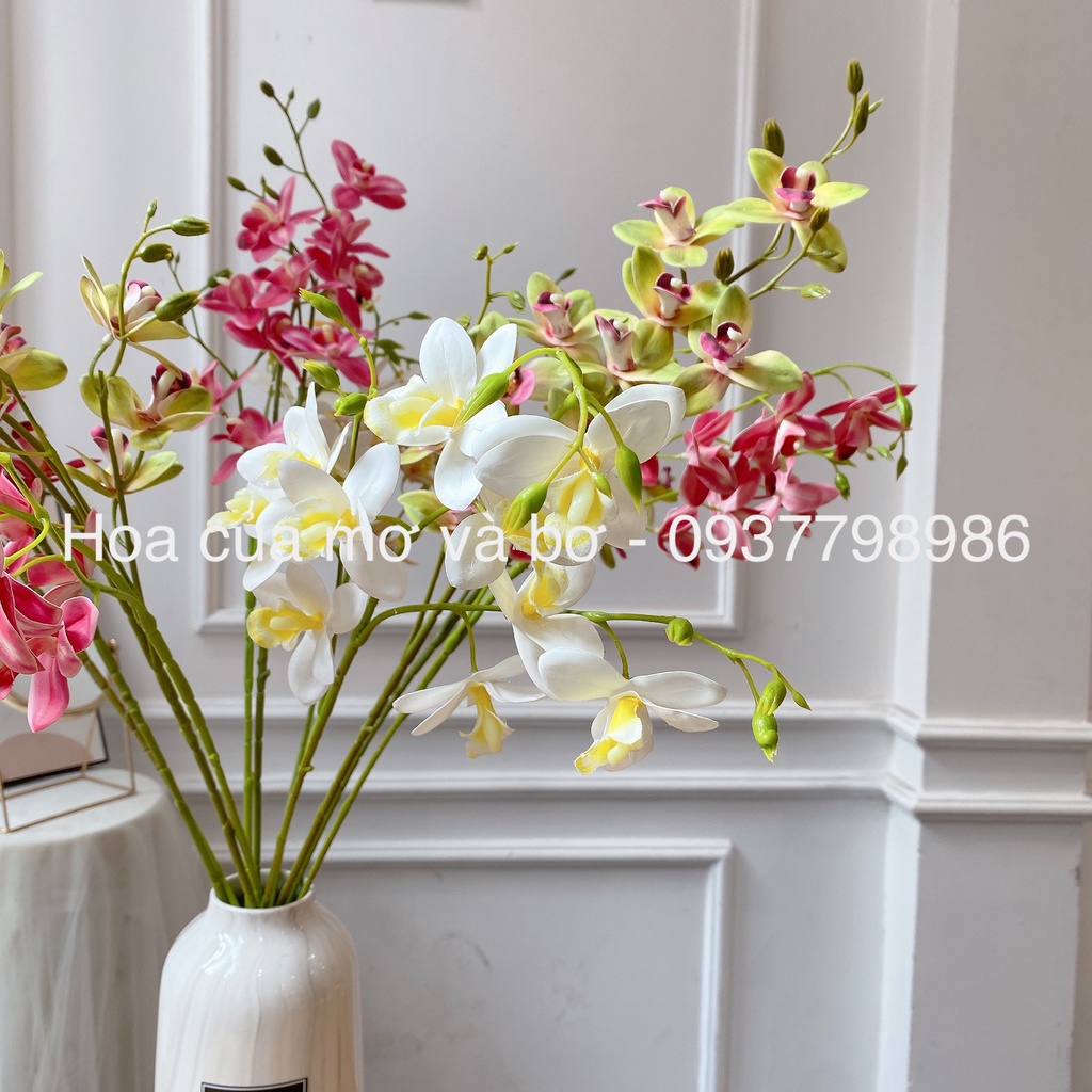 Cành Địa Lan Đông Á 3 Nhánh 10 bông Cao Su Cao Cấp MerBer Dài 90cm