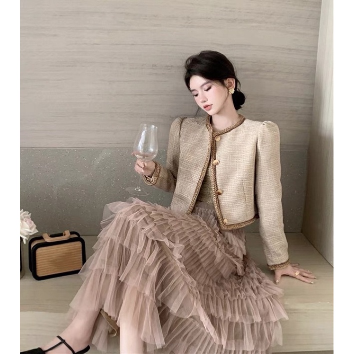 Set 3 món tiểu thư áo dạ tweed và chân váy voan xếp tầng