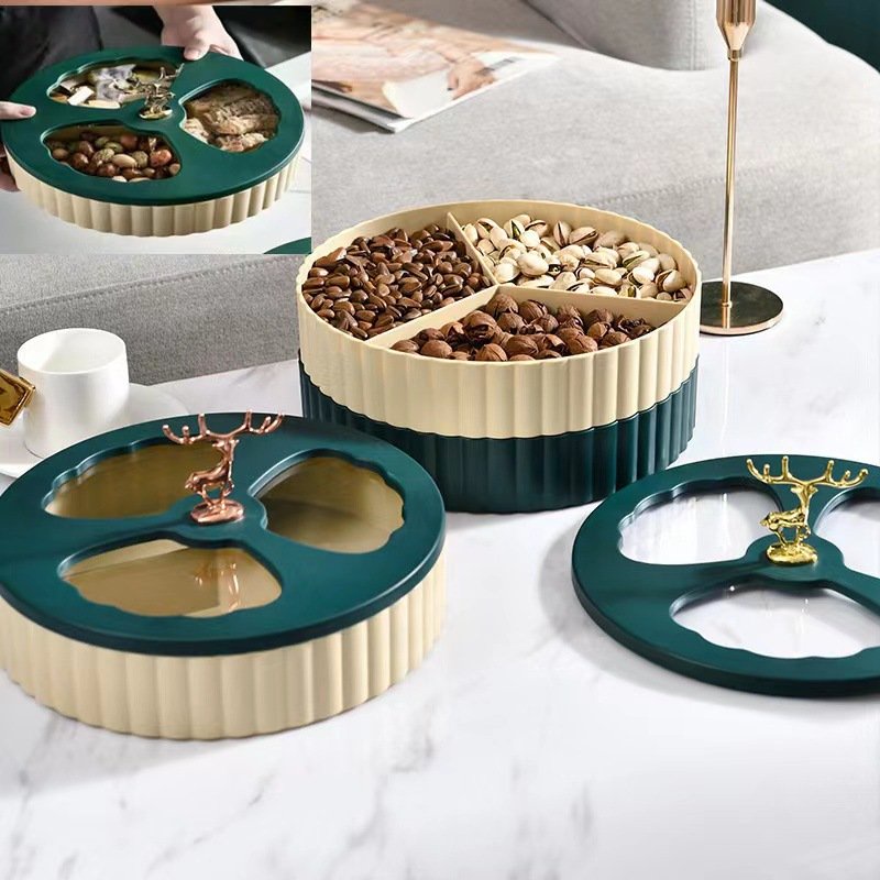 Khay đựng bánh kẹo, mứt tết cao cấp hình hươu 2 tầng xoay 360 độ sang trọng, kiểu dáng Châu Âu hiện đại