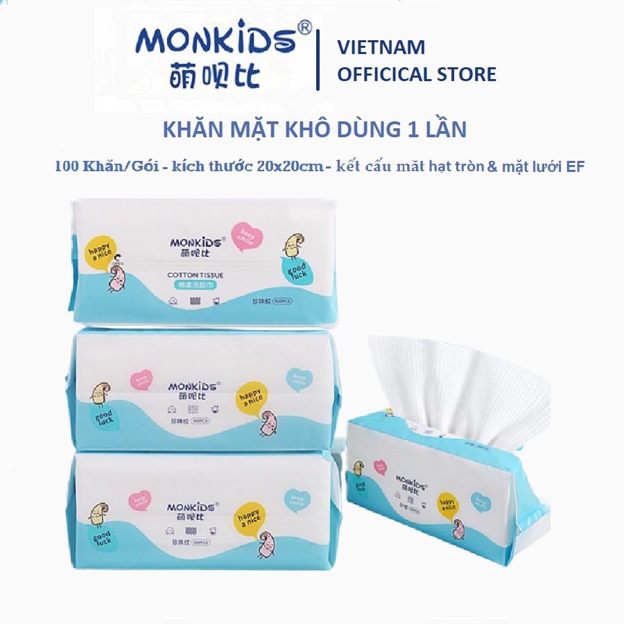 Khăn mặt khô Monkids, Bông Tẩy Trang tinh khiết, mềm mịn, làm sạch lớp trang điểm chống nước.