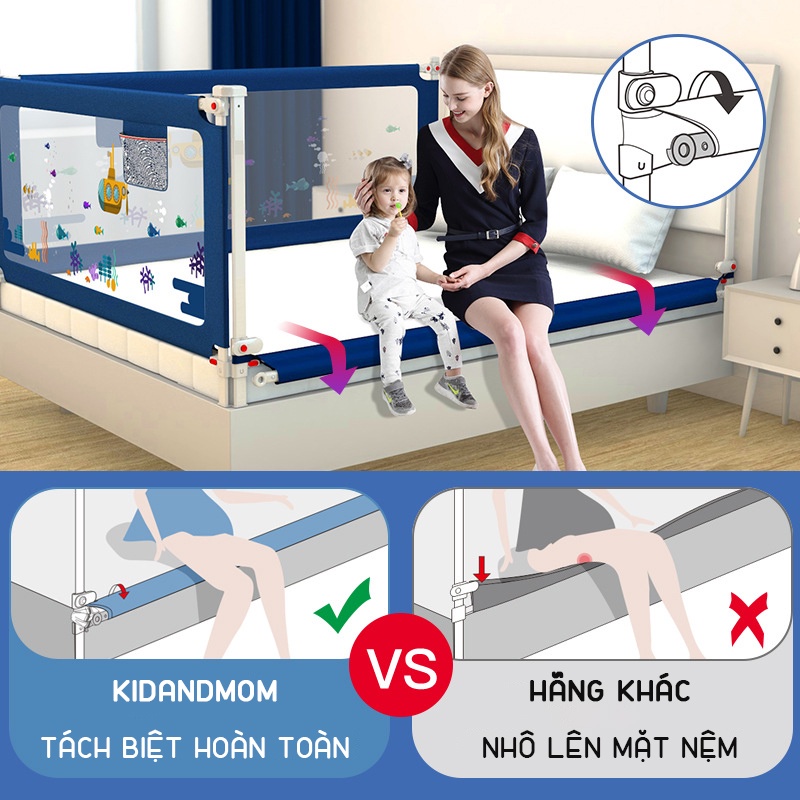 Thanh chắn giường cho bé KidsWorld BR02 độ cao 75-100cm thiết kế chống kẹt chống vấp ngã chặn giường không kênh đệm
