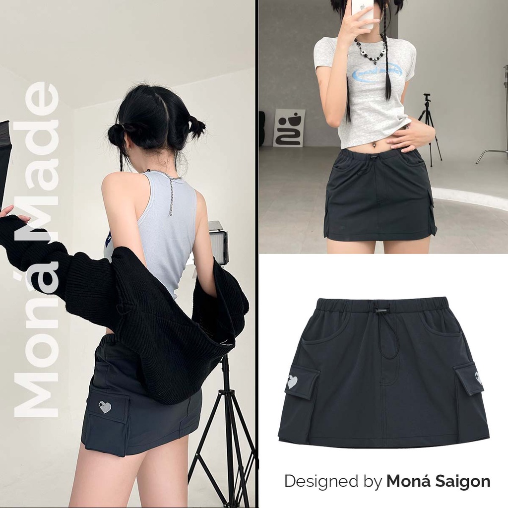 MONÁ - BOX DRESS X HEART LOGO - Chân váy ống hộp thêu logo - ĐEN