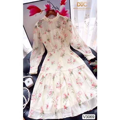 V3069 váy voan xoè hoa màu be dài tay