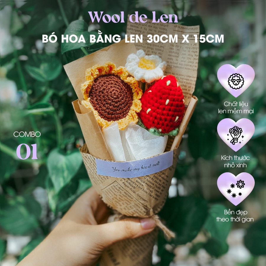 Bó hoa đẹp bằng len gói sẵn tặng sinh nhật 30x15cm Wool de Len N01