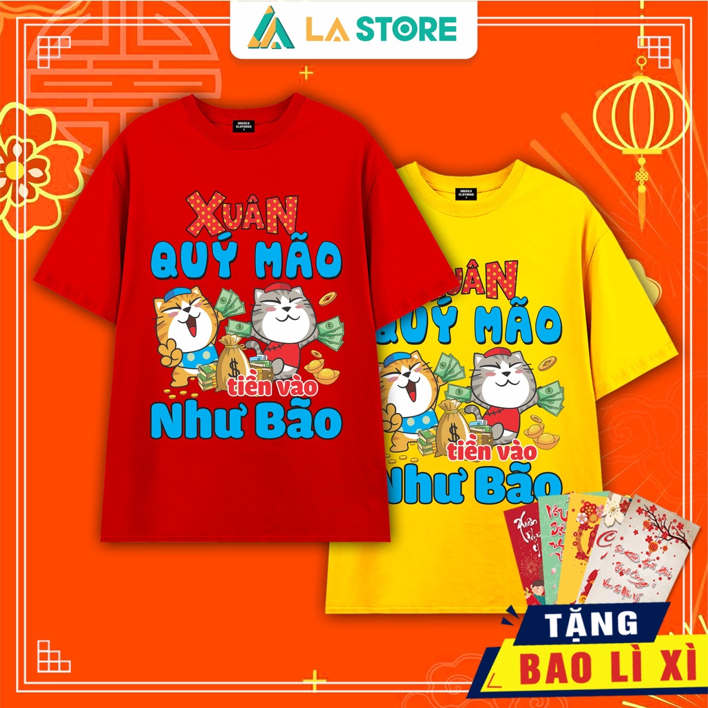 Áo Thun Gia Đình Tết 2023 Quý Mão Tiền Vào Như Bão Năm Con Mèo Nhiều Màu | LẠ STORE