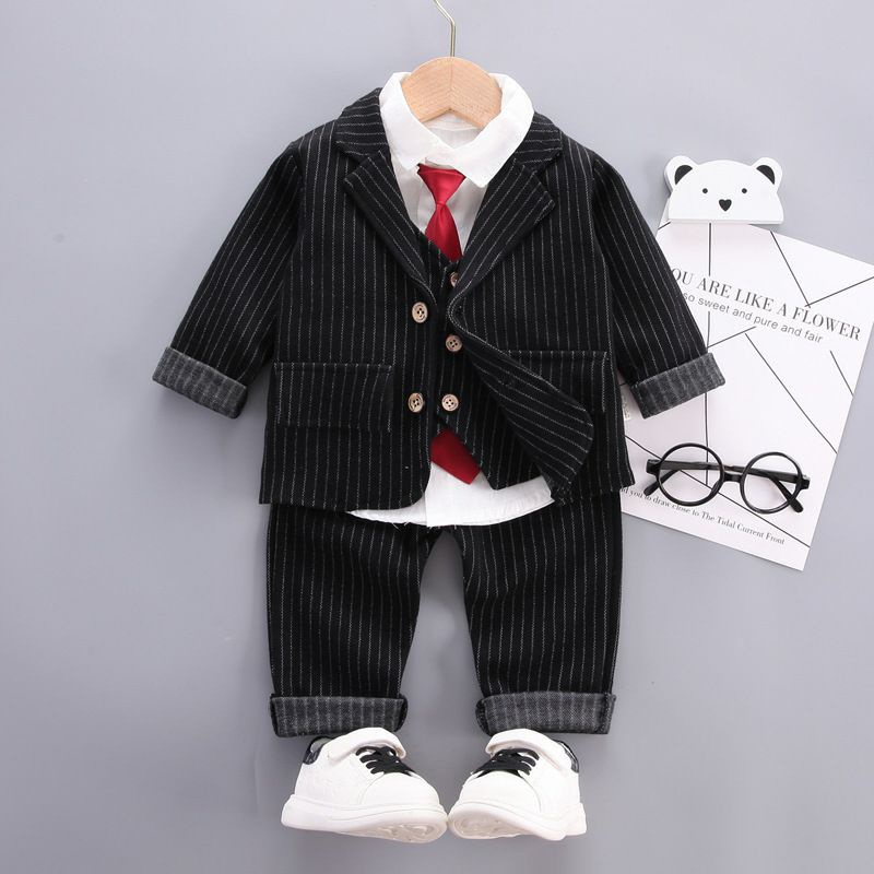 Bộ vest kẻ chất dạ Hàn kèm áo sơ mi trắng cho bé trai (9-18kg) - Gile co giãn xịn xò, chất liệu dày dặn, thấm hút