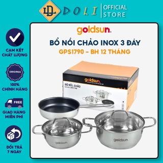 Bộ nồi chảo inox 3 đáy goldsun gps1790, nồi 16cm, nồi 20cm, chảo 20cm - doli mart