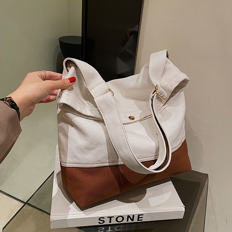Túi Đeo Vai Bằng Vải canvas Màu Khối Sức Chứa Lớn Phong Cách Hong Kong Dành Cho Nữ