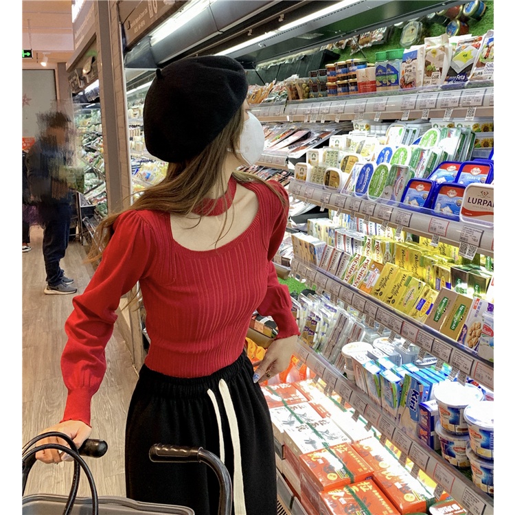 ZHELIHANGFEI Áo Dệt Kim Tay Dài Cổ Vuông Eo Cao Quyến Rũ Dễ Phối Đồ