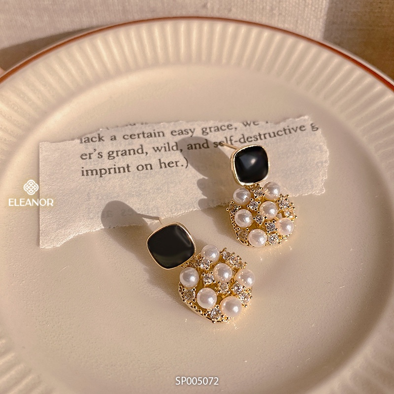 Bông tai nữ chuôi bạc 925 Eleanor Accessories hình vuông gắn ngọc nhân tạo phụ kiện trang sức 5072