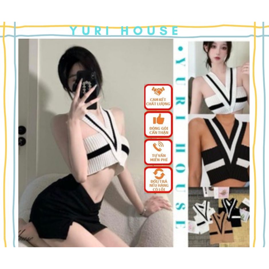 Áo dây nữ, phối màu, len gân, chéo lưng, mặc đi chơi Y13