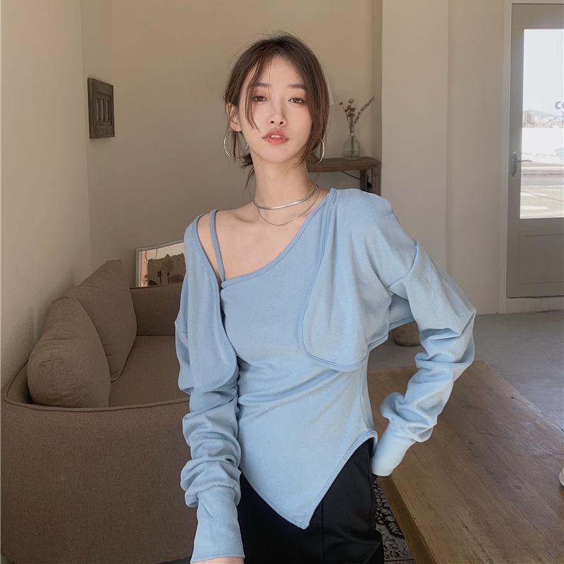 SUXI Áo Croptop Tay Dài Màu Sắc Thanh Lịch Phong Cách Hàn Quốc