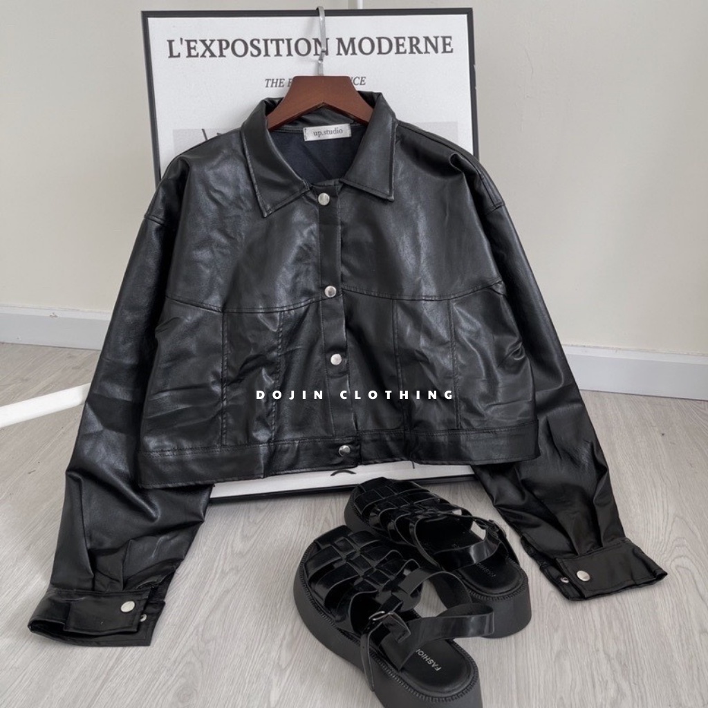Áo khoác da dáng lửng màu đen style cá tính cool ngầu