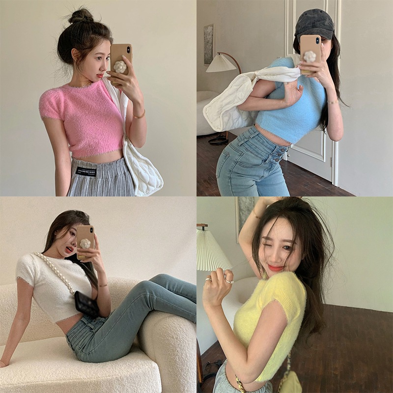 Áo Croptop Dệt Kim Tay Ngắn Cổ Tròn Phong Cách Hàn Quốc Thời Trang Cho Nữ