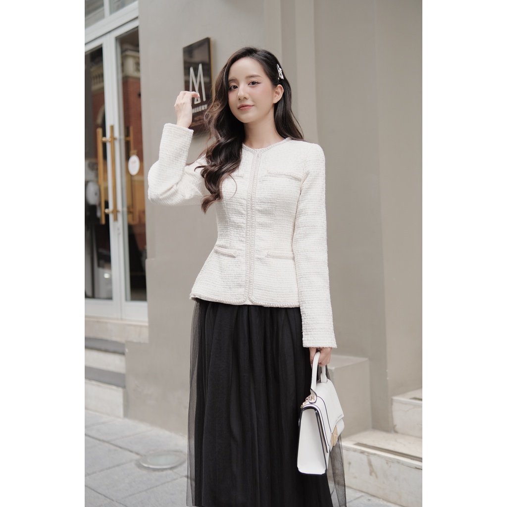 Áo dạ tweed CAMILLE JACKET  phối viền 2 màu đen trắng sang trọng, thanh lịch by Cherine