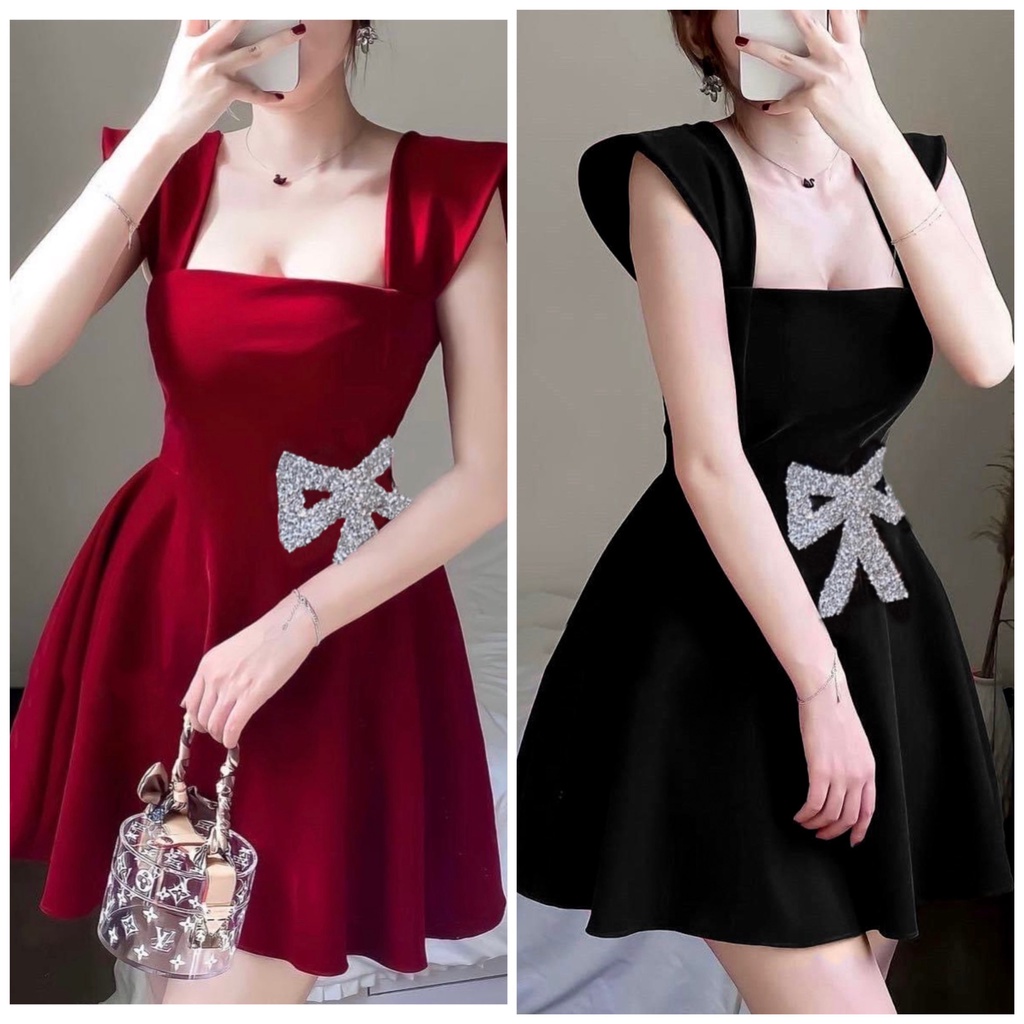 ĐẦM NHUNG ĐÍNH NƠ EO