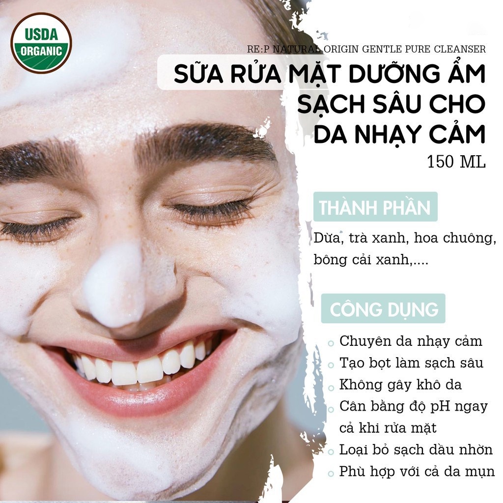 Sữa Rửa Mặt Dạng Gel Dịu Nhẹ Dành Cho Da Nhạy Cảm Re:p Natural Origin Gentle Pure Cleanser 100ml