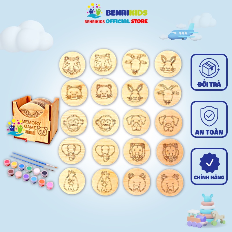 Lật Hình Ghi Nhớ Chủ Đề Động Vật Có Hộp Đựng Bằng Gỗ Benrikids Tiện Lợi