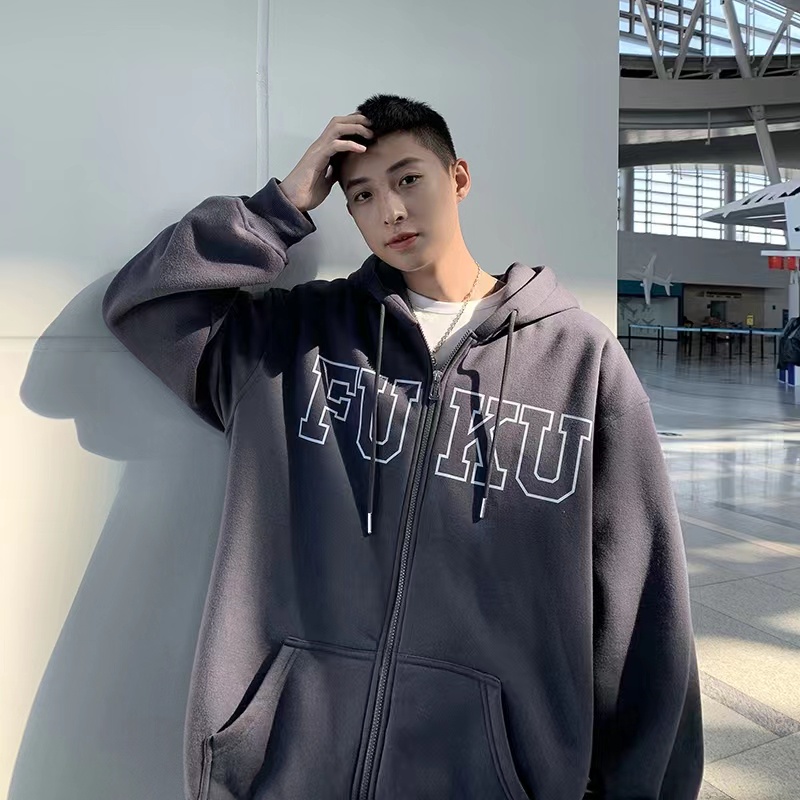 【M-3XL】Áo khoác hoodie dáng rộng có khóa kéo nam đơn giản hợp thời trang mới cho cặp đôi chữ in phong cách hàn quốc áo len trùm đầu lông cừu đơn giản
