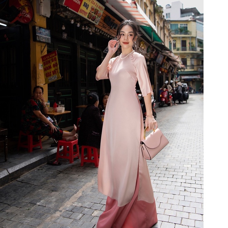 Áo dài truyền thống Lamia Design AD025 lụa Hàn Quốc cao cấp màu hồng pastel tinh tế