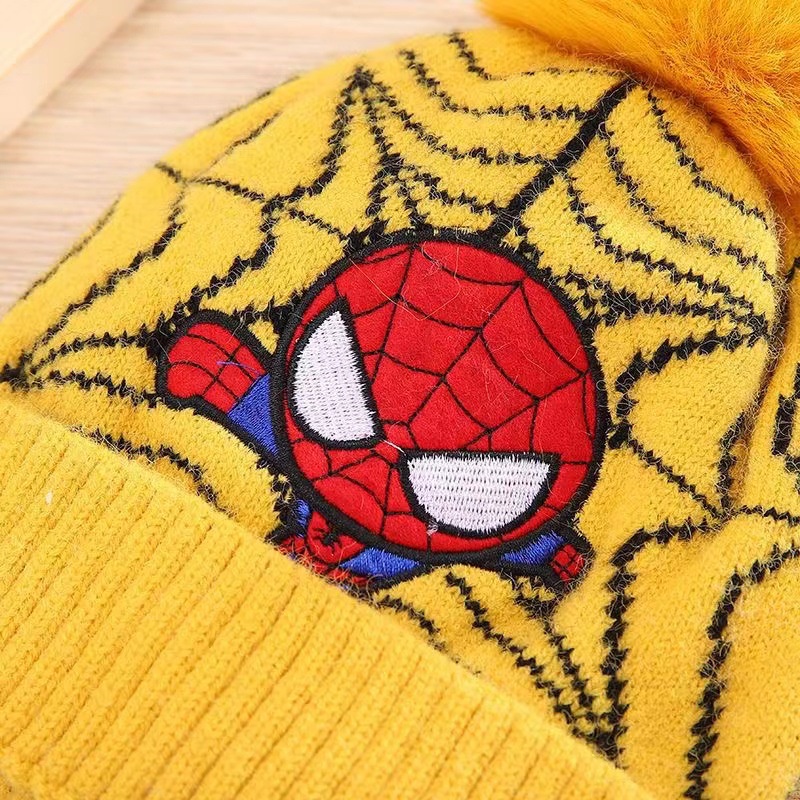 Mũ Len Beanie Đính Bóng Lông Thêu Hình Người Nhện Disney Thời Trang Thu Đông Cho Bé Trai Và Gái