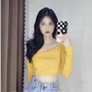 Áo thun lụa croptop nữ tay dài cổ vuông ôm dáng