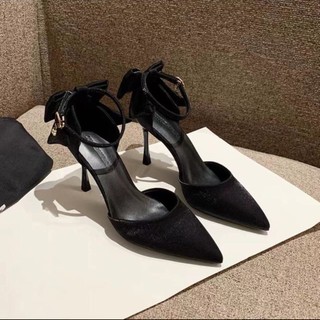 Sandal bít mũi trơn nơ gót phồng to gót đũa nhỏ - 9P