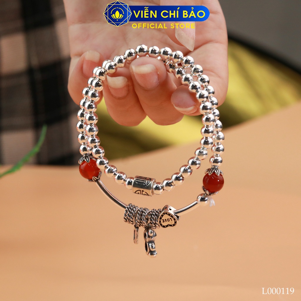 Vòng tay bạc nữ bi charm gấu đá đỏ chất liệu bạc 925 thời trang phụ kiện trang sức Viễn Chí Bảo L000119