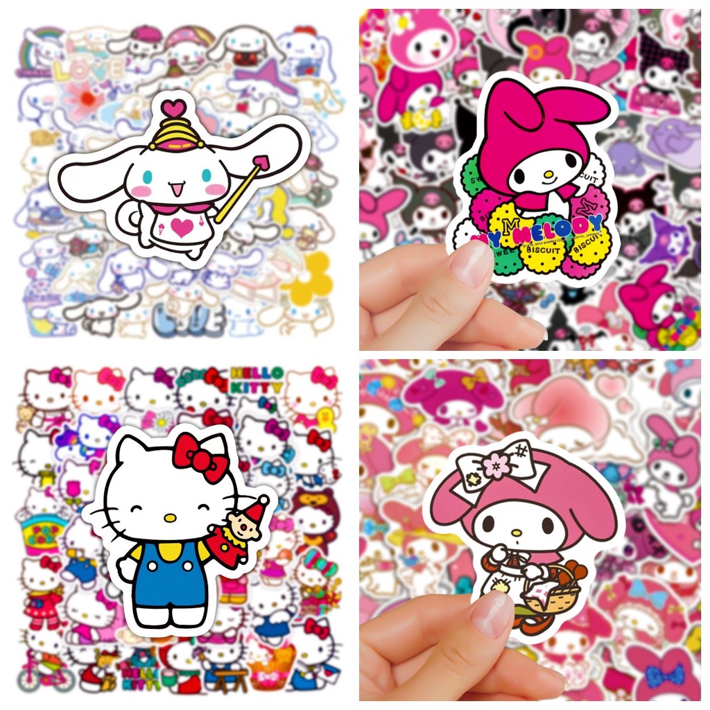 Bộ 50 Miếng Dán Trang Trí Xe Hơi / Laptop / Vali / Điện Thoại Họa Tiết Sanrio / Cún / Mèo / Hello Kitty Dễ Thương Chống Thấm