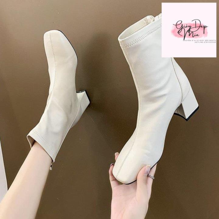 Giày Boot Da Bốt Nữ Khoá Sau Đế Vuông Kéo Khóa (5cm)
