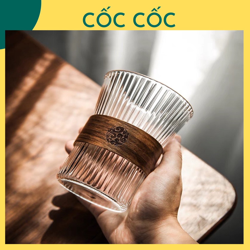 Cốc ly thủy tinh miệng loa vòng gỗ độc đáo Cốc Cốc chịu nhiệt tốt dùng để uống nước pha trà pha cà phê quà tặng
