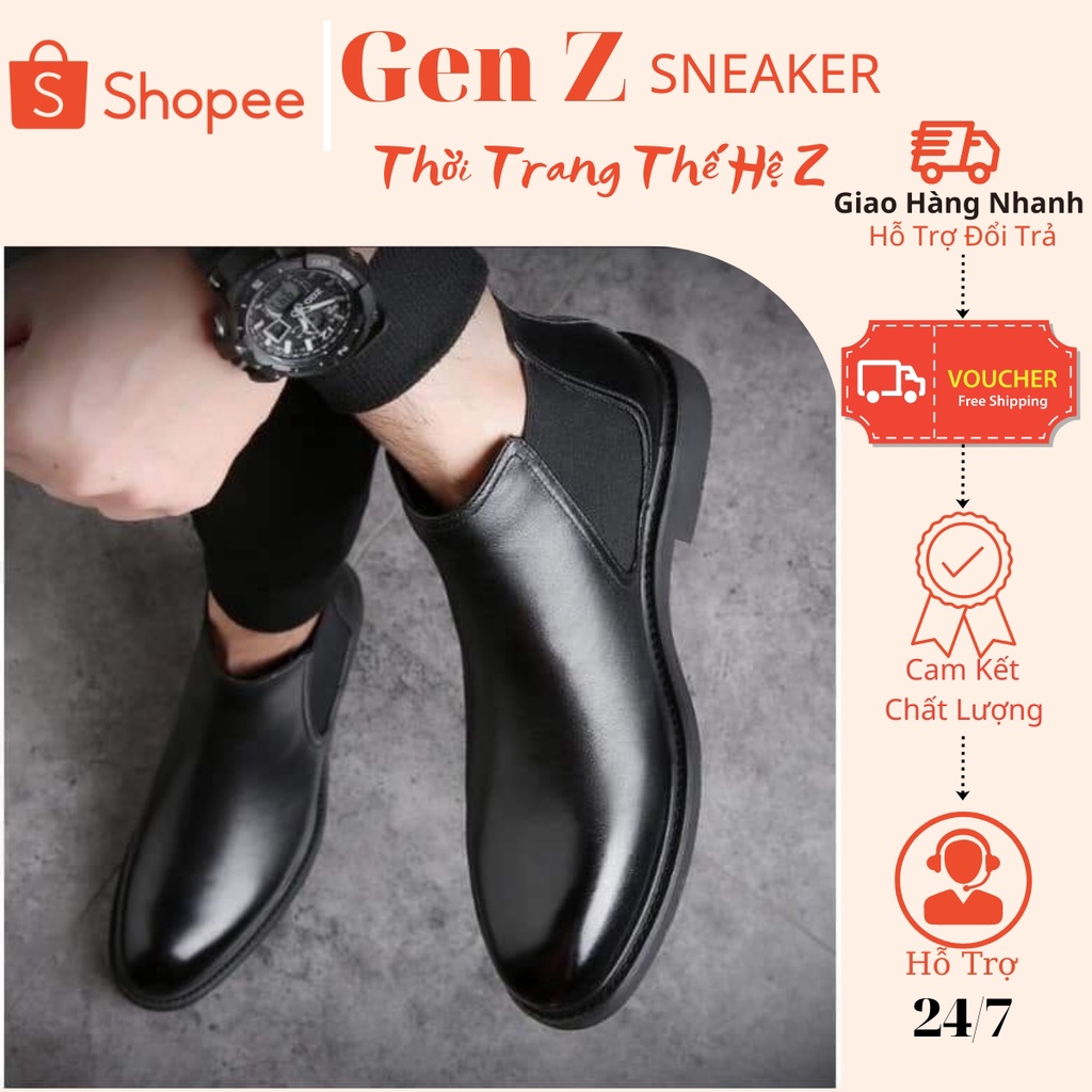 Giày Da Nam Cao Cấp Chelsea Boots Cao Cổ Freesize, Giày Da Nguyên Tấm Đế Khâu Tăng 5CM Siêu Hot 2022