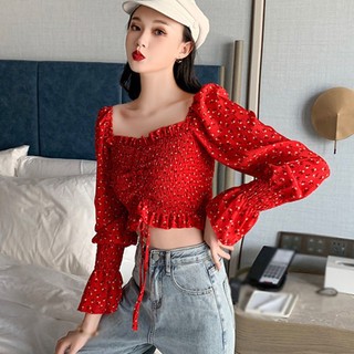 Áo von hoa hàn cổ vuông kèm bo nhún tay dài phối rút dây giữa ngực ttsla1019