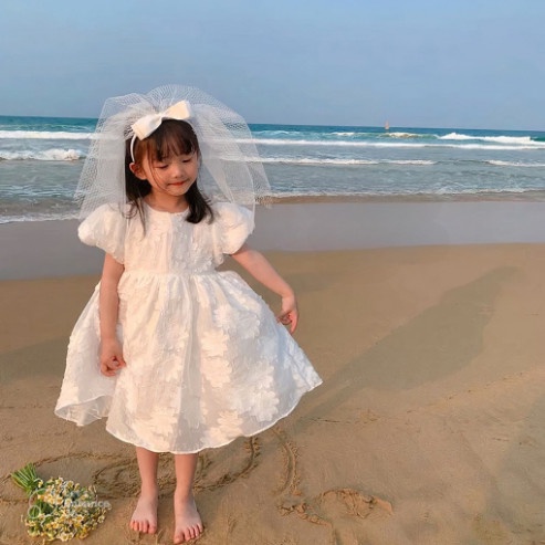 Bapbi.storeVáy Gấm Trắng Tay Bèo Phồng Công Chúa Cho Bé Gái Siêu Xinh