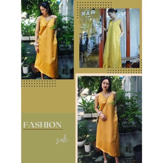 Đầm Vintage dáng suông dài 2 dây màu vàng - Chất vải satin-[XÍN - Fashion Design]