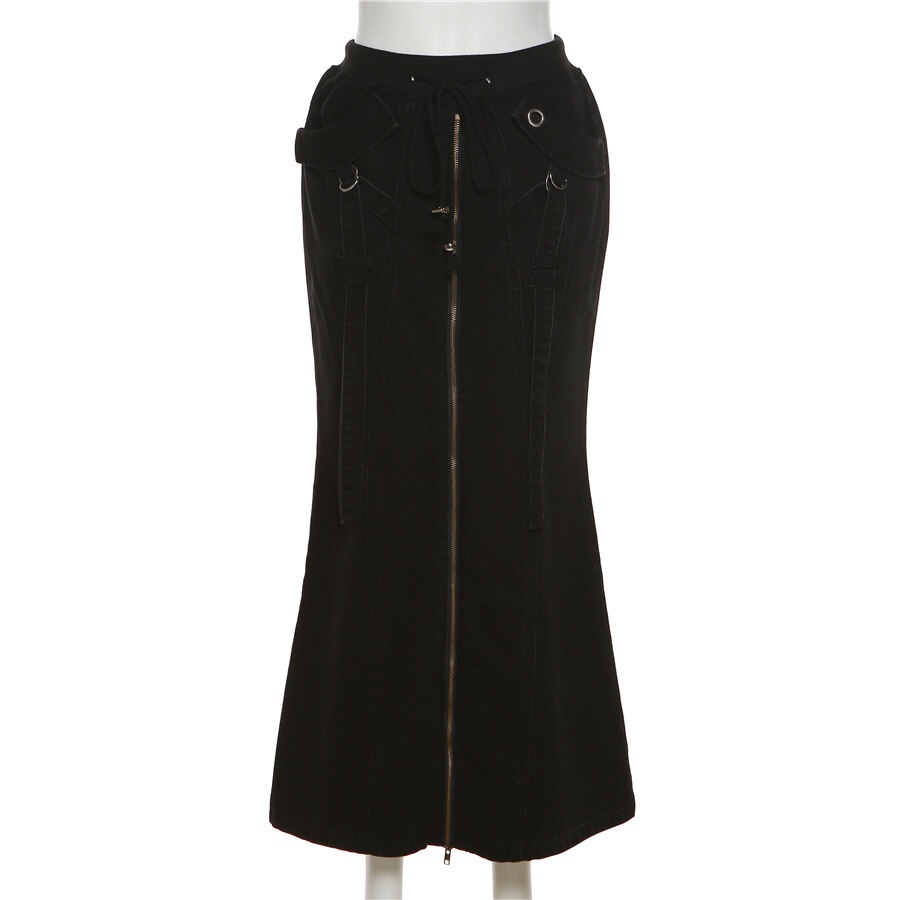 Weird Puss Chân Váy Maxi Chữ A Lưng Cao Phối Khóa Kéo Phong Cách Harajuku Đường Phố Mùa Thu Mới Cho Nữ