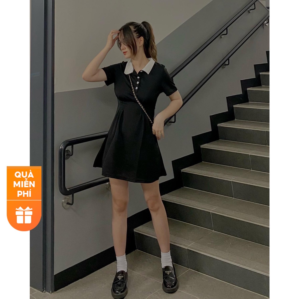【Gợi ý từ KOL】Đầm Lovito gài khuy ghép nối màu sắc phong cách thường ngày L18X220 (Màu đen)
