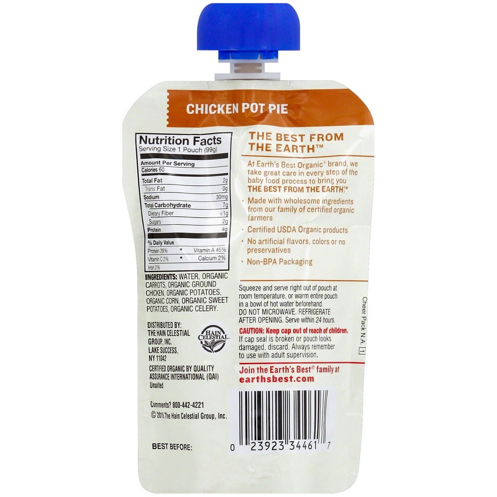 Túi thức ăn dinh dưỡng ăn liền Earth's Best cho bé 9 tháng Cơm gà tây/Nui phô mai/Súp gà - Bữa ăn chính hữu cơ