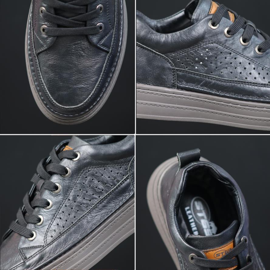 Giày sneaker nam da bò nguyên tấm đế cao su đúc tăng chiều cao 3.5 cm , 2 màu - BOMBUS