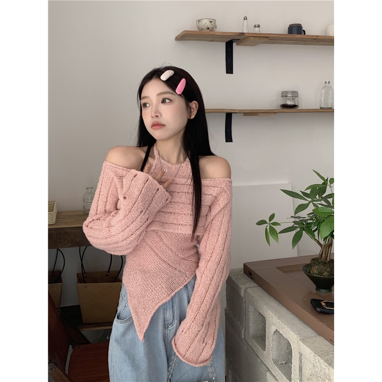 ZHELIHANGFEI Áo Len Trễ Vai Hai Dây + Chân Váy Xòe Thời Trang Dành Cho Nữ